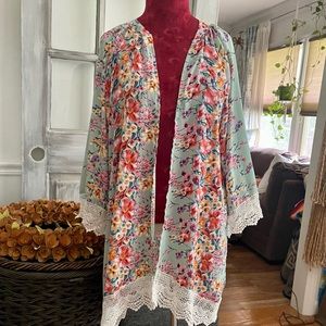 Floral Kimono with Lace trim Open Front